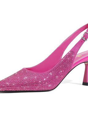 Women's Pink Kitten Heels Slingback Low Heel Dress Shoes Rhinestone Pointed Toe